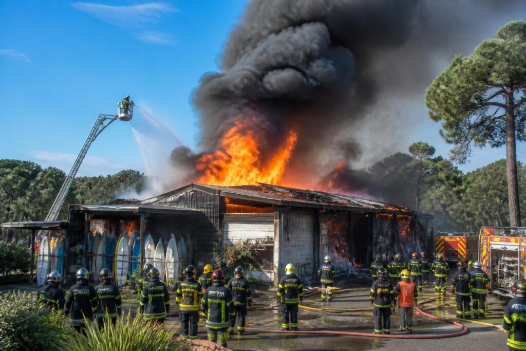 un incendie spectaculaire détruit une usine de planches de surf dans les landes, mobilisant près de 50 pompiers pour maîtriser le feu et limiter les dégâts.